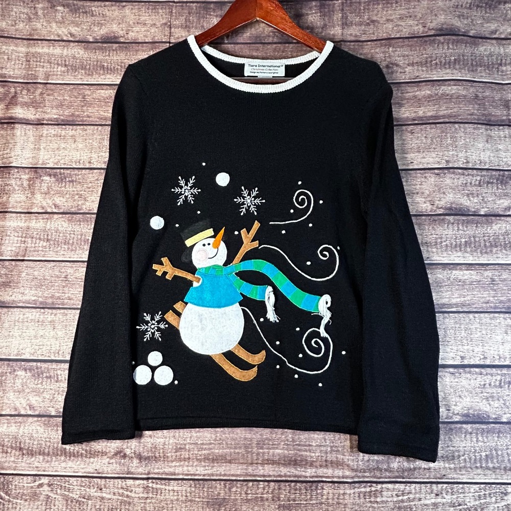 VTG Tiara International Christmas Sweater Black Skiing Snowman Medium